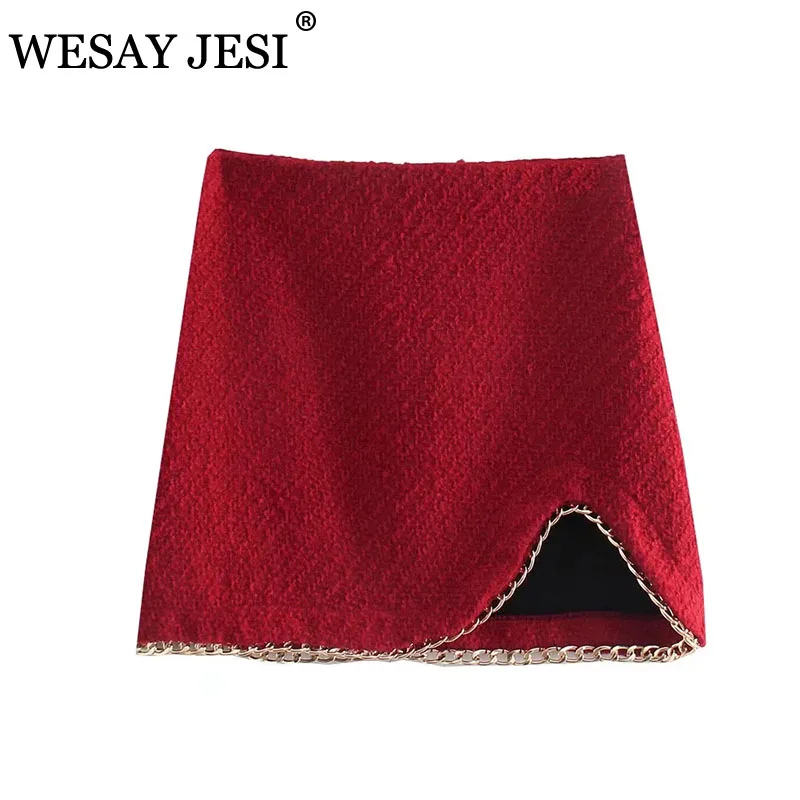 

WESAY JESI ZA Fashion Women's Skirt Vintage Chain Side Tweed Textured Mini Skirt Elegant Solid Office Lady High-waisted Skirt