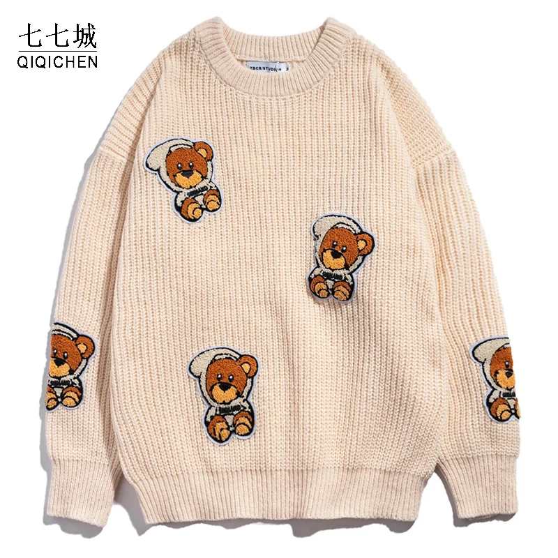 

Cartoon Knitwear Sweaters Men Furry Bear Patch Streetwear Oversized Harajuku Pullover Women Casual Japanese College Sweaters