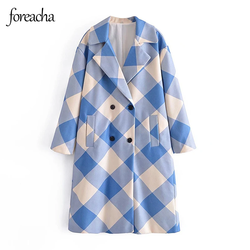 

foreacha Plaid Hit the color Long Woolen Coat Women Suit Collar Double Breasted Blue Female Coat Streetwear Winter 2021 New