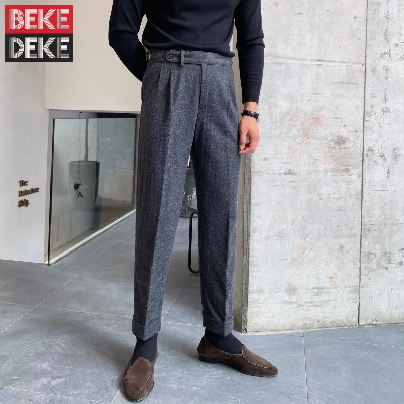 

Men Woolen Straight Long Pants Vintage High Waist Office Work Suit Pants Autumn Winter Buckle Business Casual Slim Fit Trousers