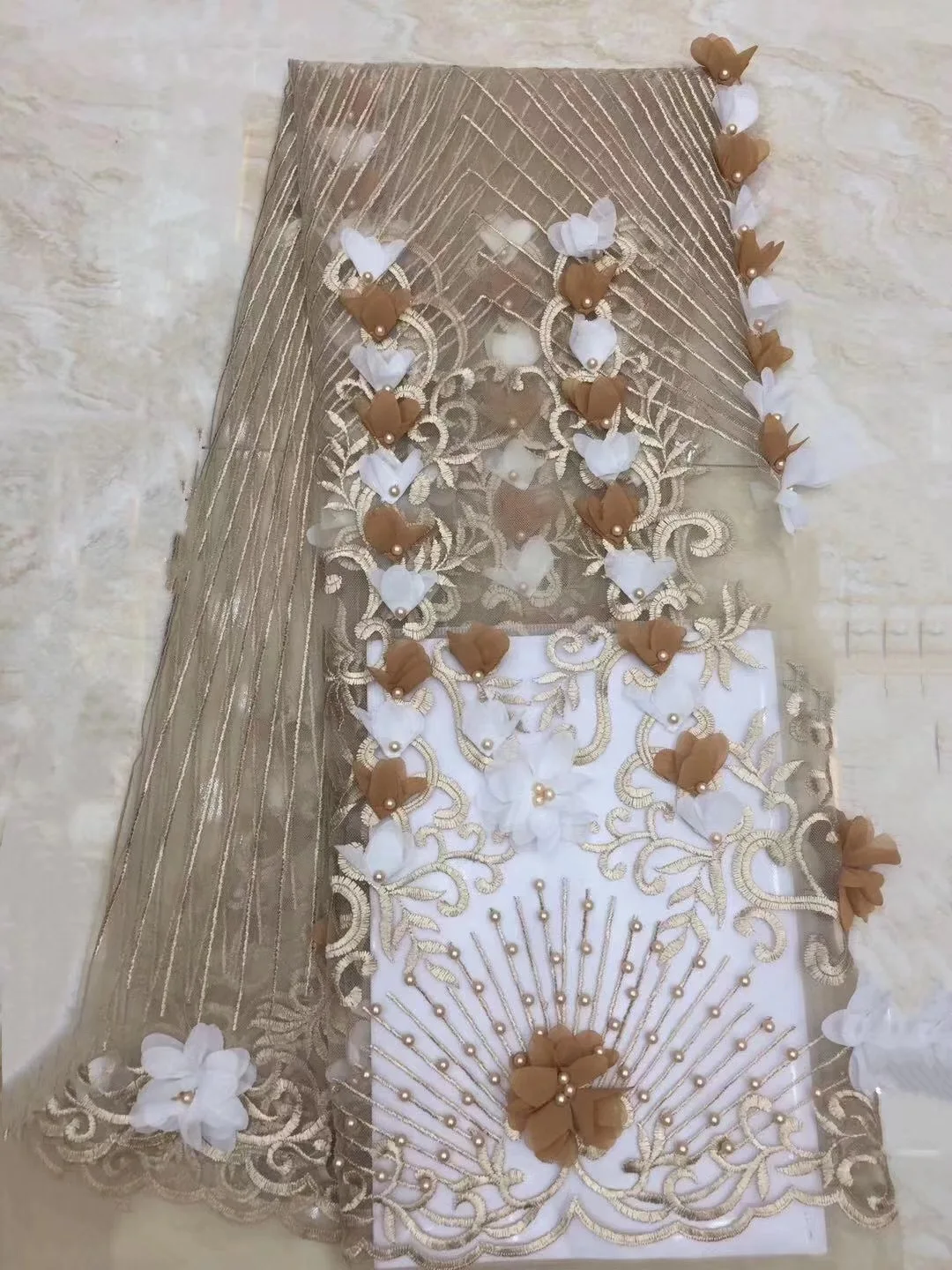 Французская 3D кружевная ткань с большими цветами африканская бисером