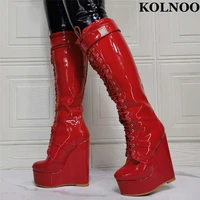 kolnoo new classic handmade women wedges heel boots crisscross shoelace patent leather knee booties sexy evening fashion shoes