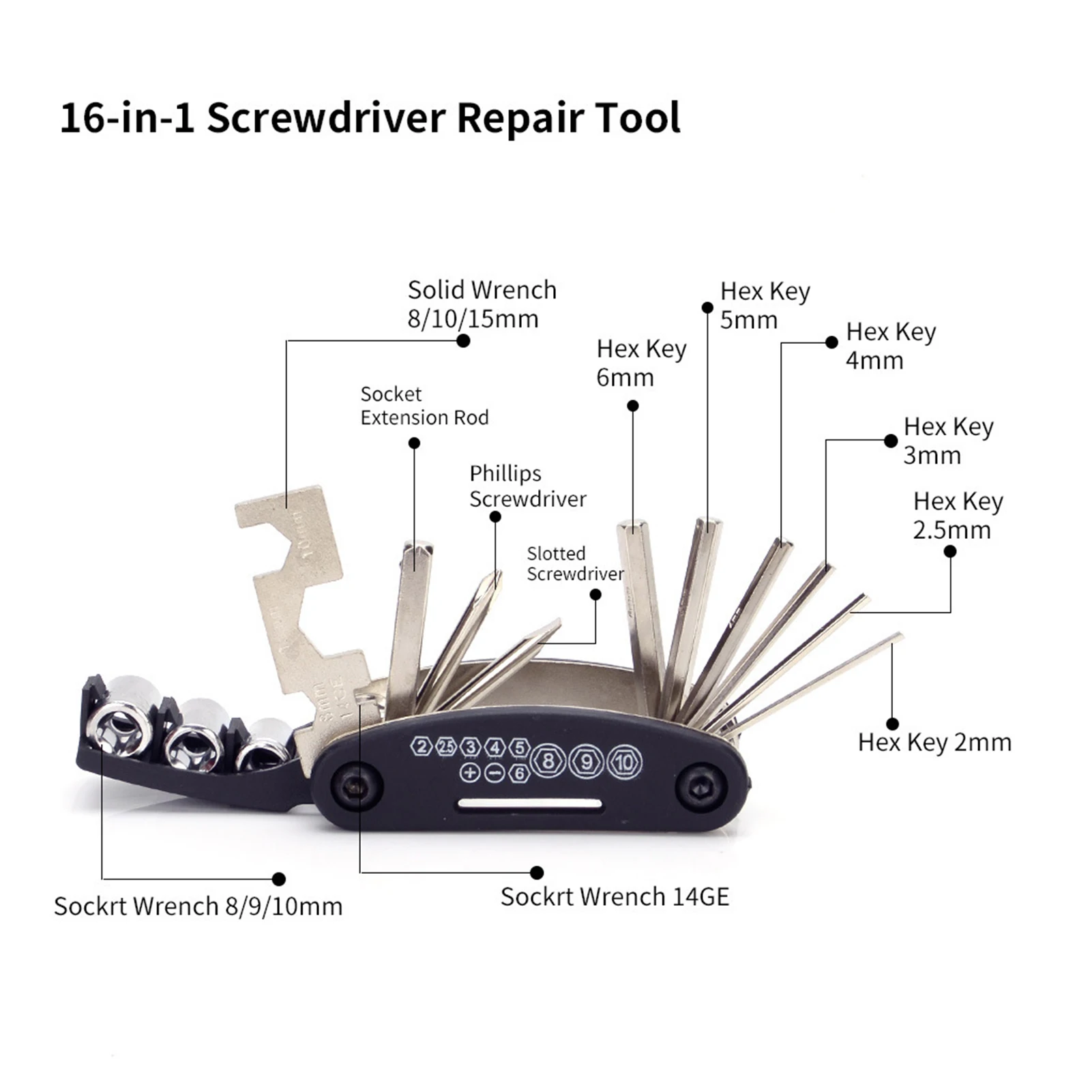 

16 In 1 Repair Tools Set Multifunctional Tool Cutter Wrench Screwdriver/ Bike Pump /Tire Patch/ Tire Lever /Rasp For Cycling