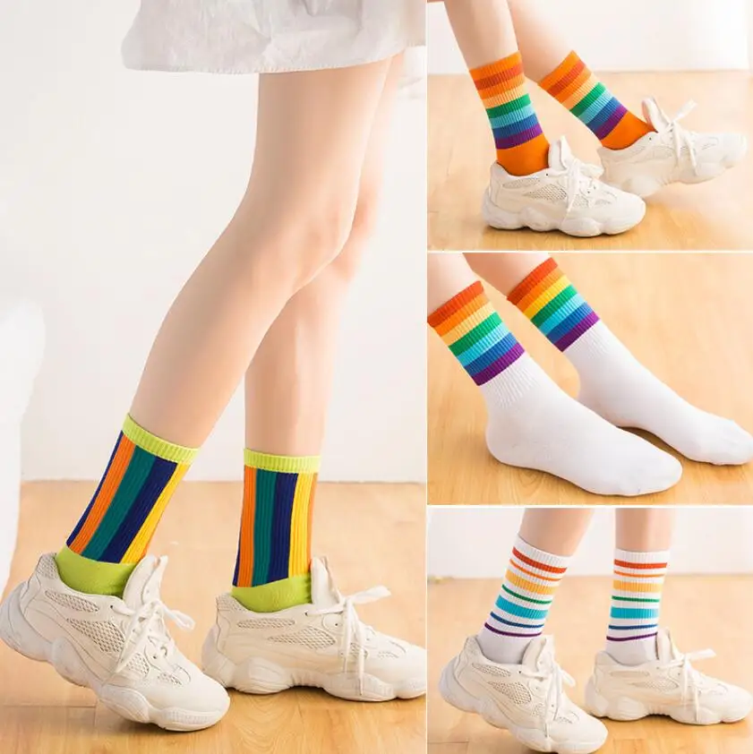 Women Solid Cotton Rainbow Prints Crew Socks Girls Simle Face Multi Color Sock Short Winter Socks Striped Ankle Socks 5pairs/lot