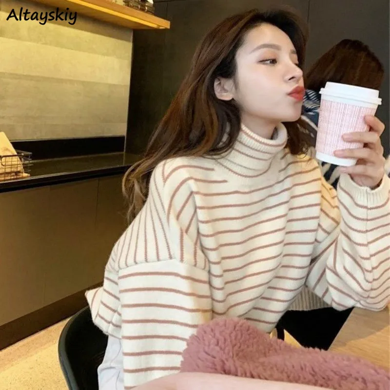 

Turtleneck Sweater Women All Match Popular Stylish Female Striped Elegant Soft College Korean Style Loose Basic Streetwear Fall
