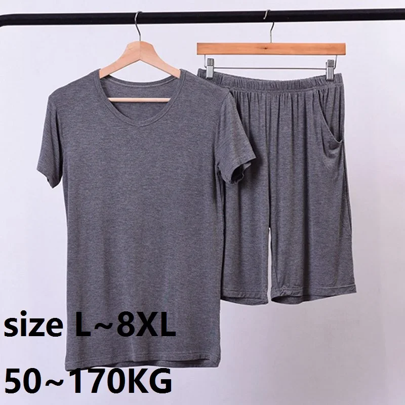 Plus Size 7XL 8XL Summer Modal Home Wear Set Men Pajamas Sets Soft Sleep Wear Short Sleeve Top and Shorts Breathable elastic 60