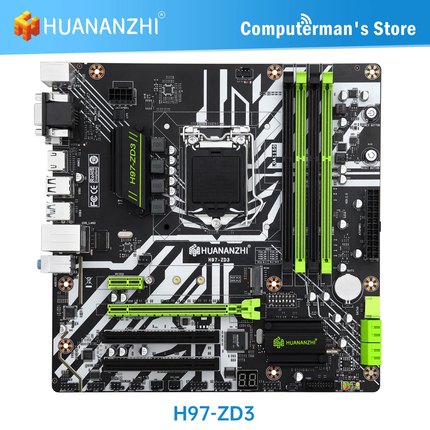 

HUANANZHI H97 ZD3 Motherboard Intel XEON LGA 1150 i3 i5 i7 All Series CPU DDR3 NON-ECC memory USB SATA VGA HDMI DVI NVME NGFF