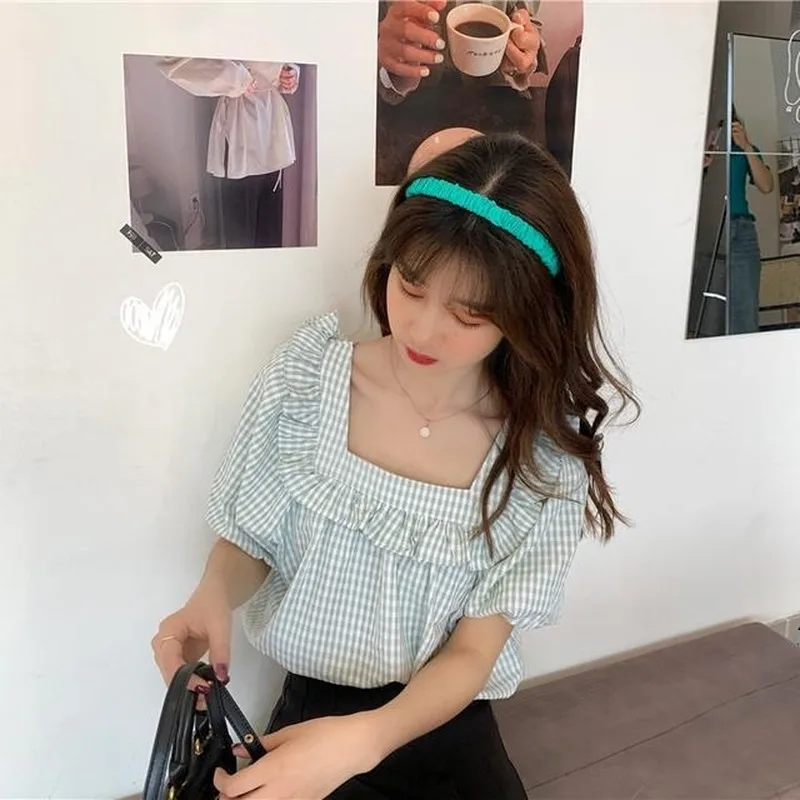 

Blouse Women Summer Ulzzang Plaid Loose Square Collar Casual Breathable Comfortable Fashion High Quality Pleated Pullover New
