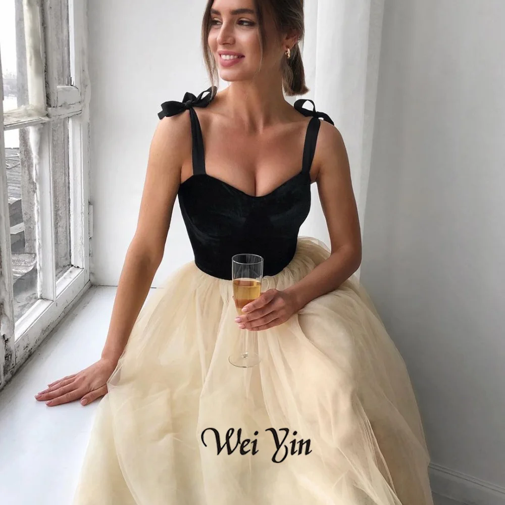 

Weiyin AE0621 Tulle Spaghetti Prom Dresses A Line Velvet Top Sexy Girls Cocktail Dresses Tea Length Homecoming Dresses