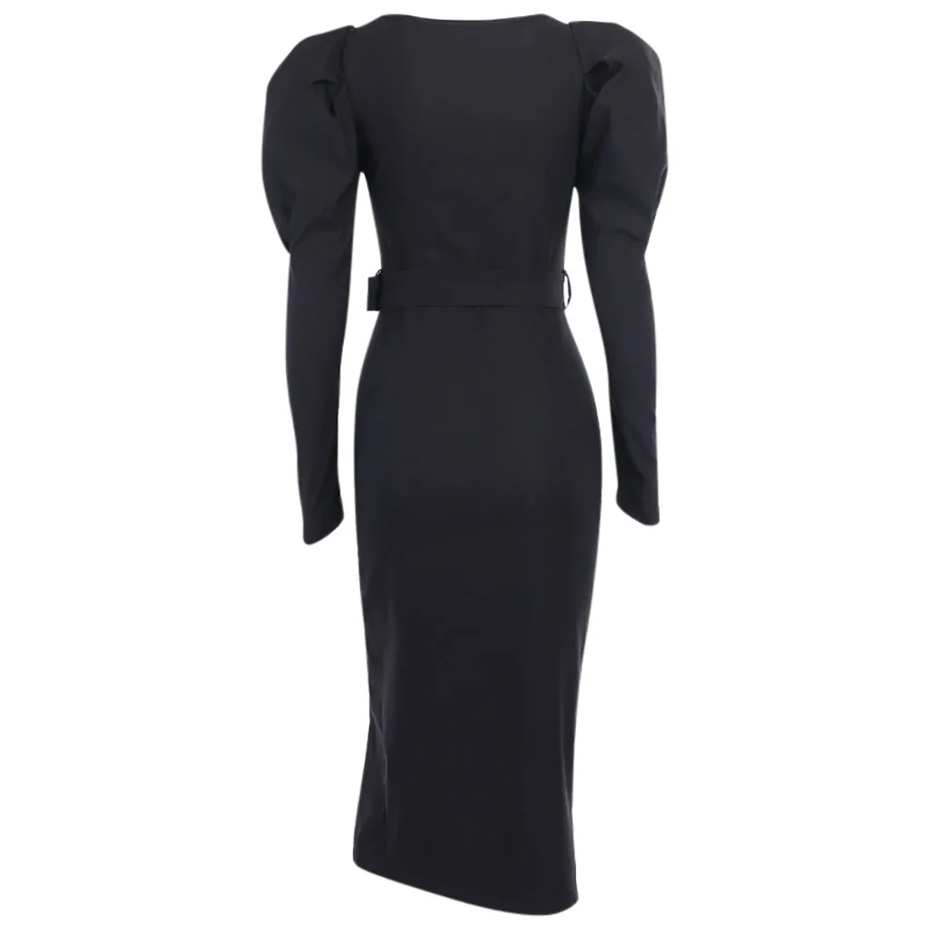 

Sexy Low Collar Puff Sleeve Party Dress 2020 Autumn Women Sexy High Waist Split Dress with Waistband Nightclub Dresses Vestidos