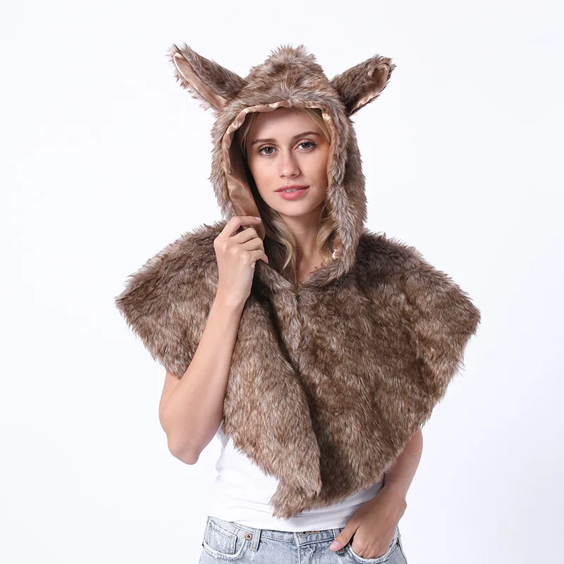 Women Men Animal Faux Fur Hat  with Shawl Wolf Plush Warm Animal Cap Shawl Scarf Halloween Christmas Party Novelty Fur Hats