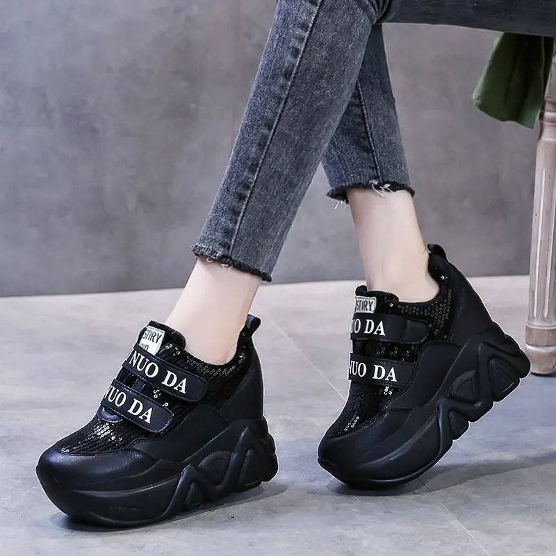 

Chunky Sneakers Woman Autumn Thick Bottom Sequin Fabric Shoes Platform Vulcanize Shoes Breathable 11cm High Heels Women Sneakers
