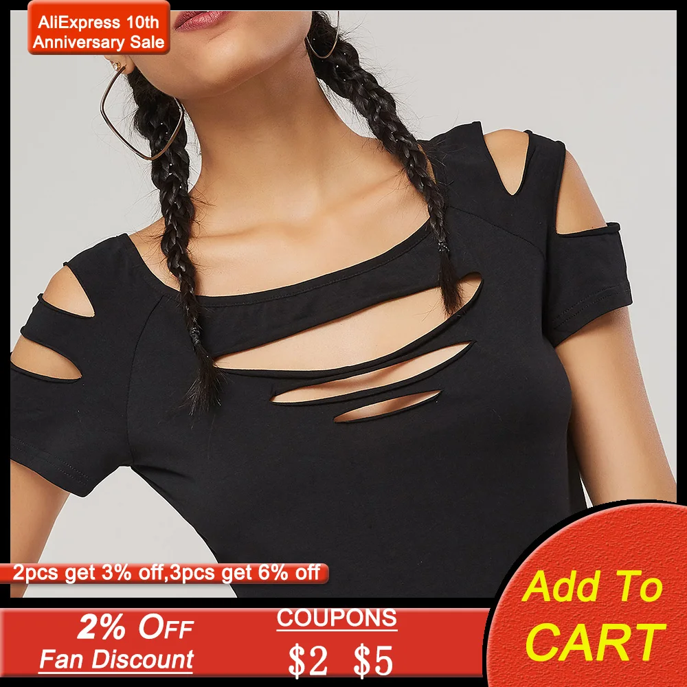 Rosetic Ripped футболка Летняя 2020 Сексуальная женская с открытыми плечами коротким