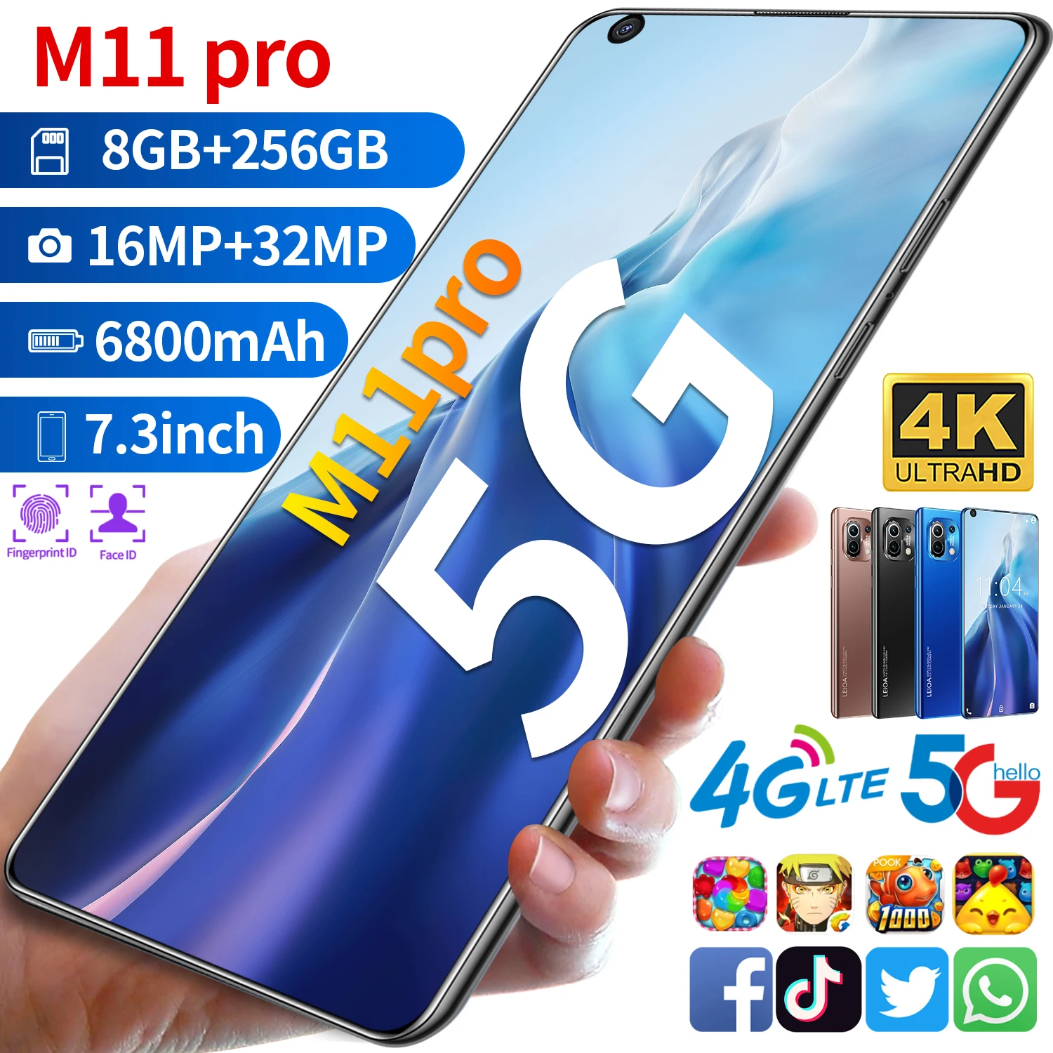 

M11 Pro 7.3 Inch Full Screen 8 256GB MT6889 Smartphone 10Core 16MP+32MP 6800mAh Celular Face Recognition Android 11 Mobile Phone
