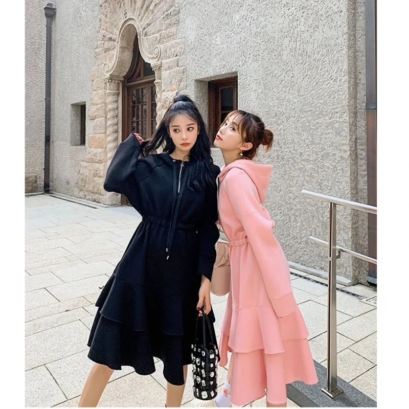 Vintage Long Sleeve Solid Zipper A-Line 2020 New Fashion Thickening Midi Skater Hem Loose Autumn Dress School Warm Hat Women | Женская