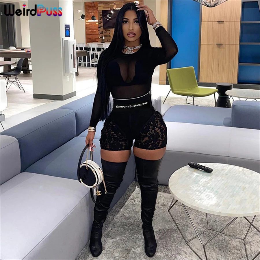 

Weird Puss Mesh Sexy Shorts High Waist Waistband Short Pants Skinny Letter Body-Shaping Sporty Stretchy Streetwear 2021 Summer