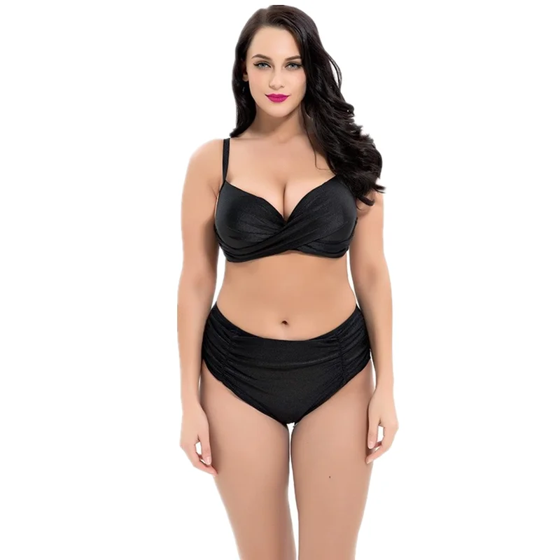 

2021 New European and American Plus Size Bikini Women's Swimsuit Sexy Solid Color Lace-up Halter High Waist Swimsuit