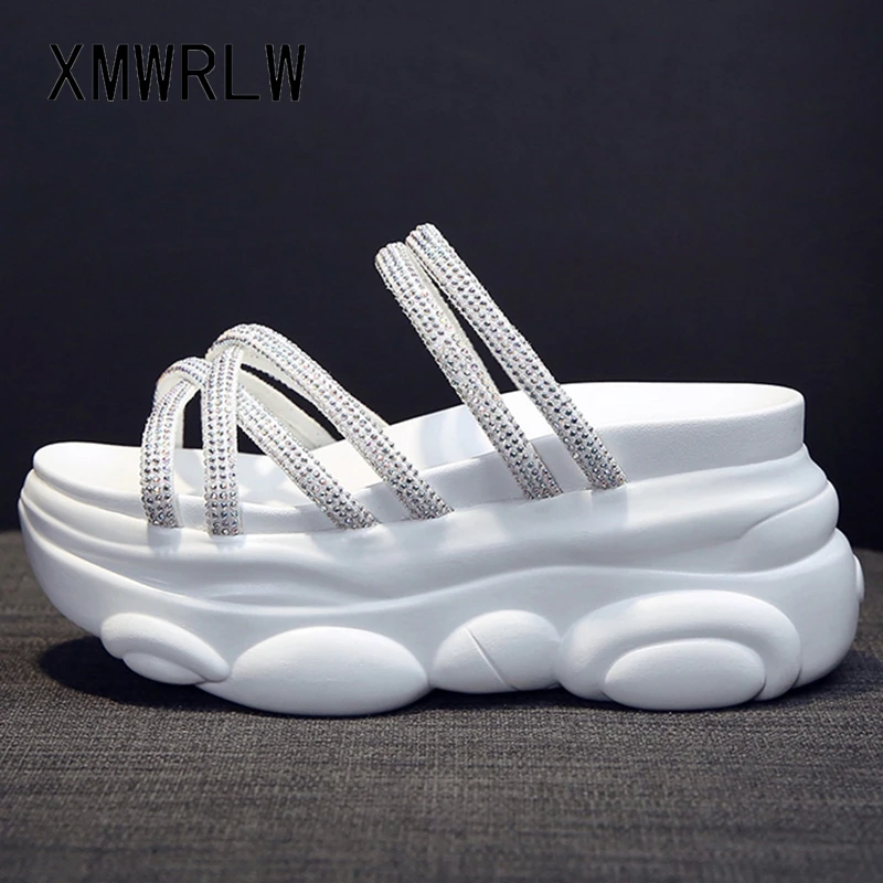 Шлепанцы женские XMWRLW летние однотонные на высоком каблуке стразы | Обувь