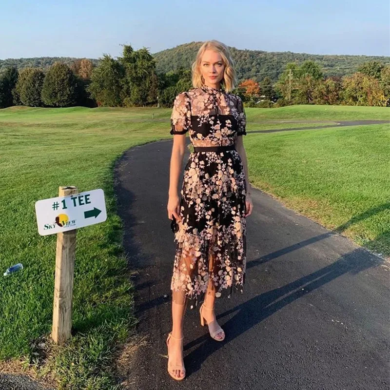 2019 год в отпуске мода цветы сеть ткани летний пояс длинное платье чёрное