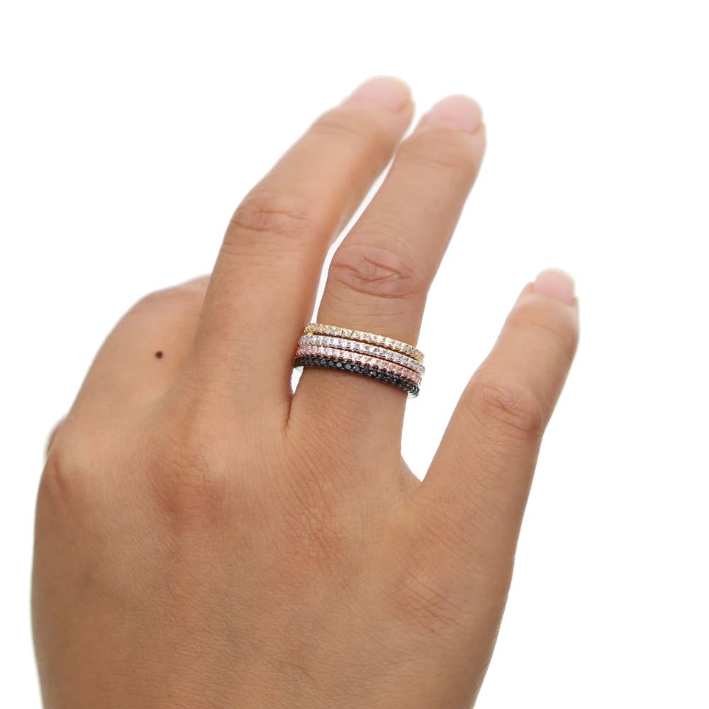 Sterling Silver 925 thin line micro pave cz eternity 3 colors stack 925 silver cz ring images - 6