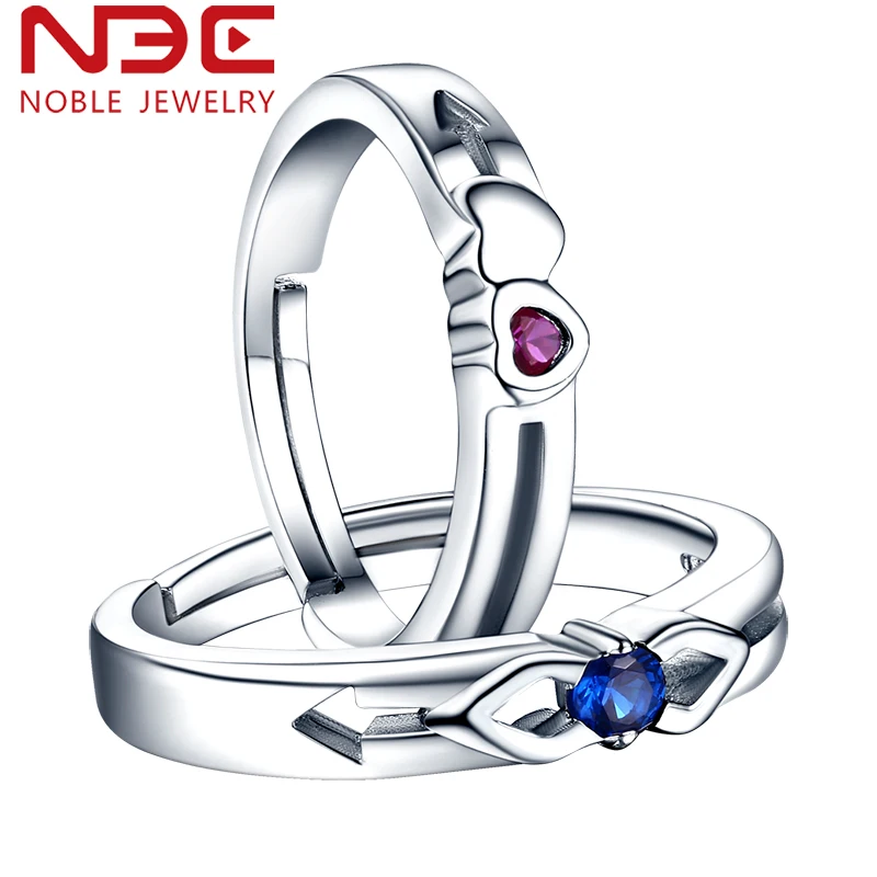 

NBE 925 sterling silver lab created blue sapphire and red ruby birthstone couple rings adjustable for men USA#7-10 women US#5-7