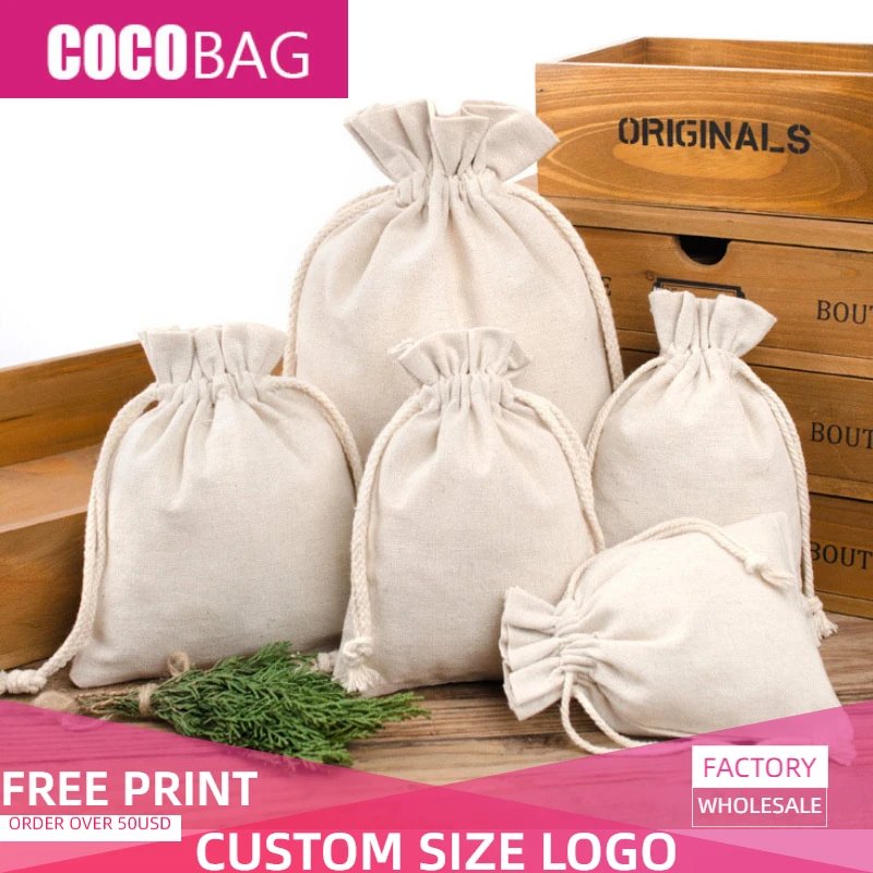 Экологичные хлопковые льняные сумочки сумочка на шнурке с логотипом под заказ