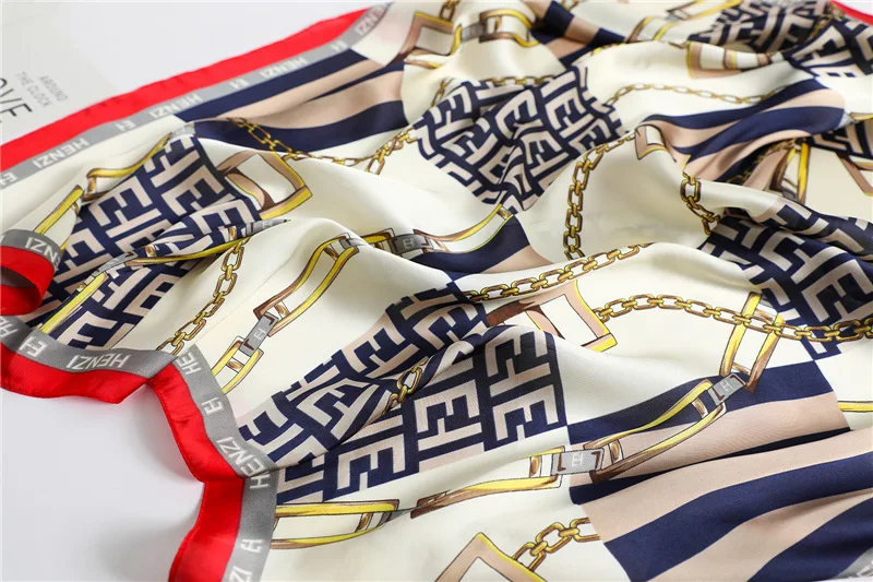 

2021 New Women Bandana Fashion Silk Square Scarf 90*90cm Letter Chain Print Shawls Handkerchief Hijabs Headscarf Female Foulard