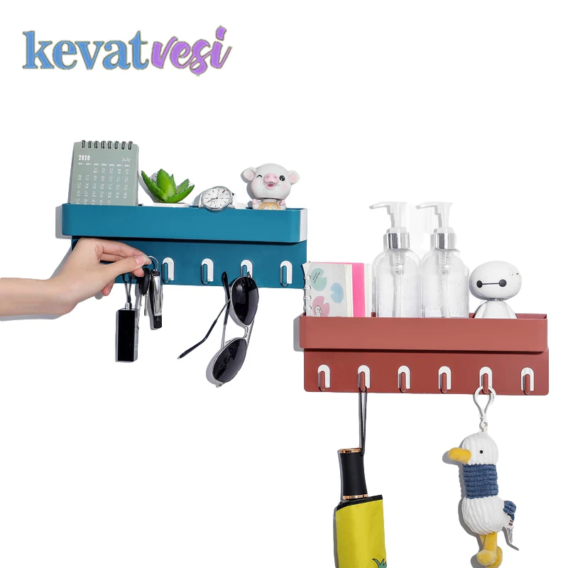 

Bathroom Storage Rack Holder Kitchen Wall Shelf with 6 Hooks Sundries Cosmetic Organizer Bathroom Organizer Punch Free
