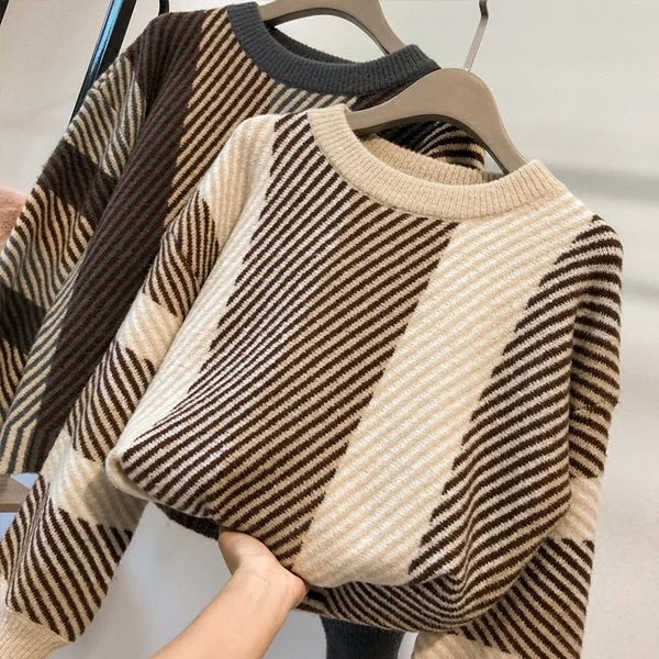 2019 Autumn winter clothes women Sweaters Geometric Stripe Pattern Long Sleeve Tops Lovely Pullovers Knitted Loose Sweater | Женская