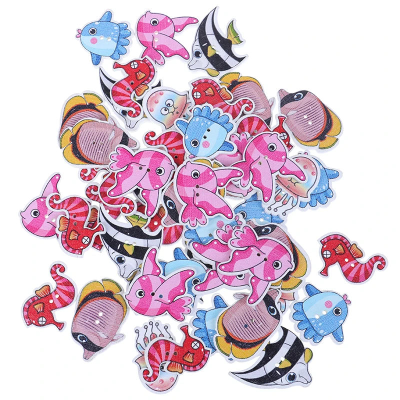 50pcs Mixed Animal Fish Wooden Buttons For Clothes Crafts Sewing Decorative Needlework Scrapbooking DIY Accessories | Дом и сад