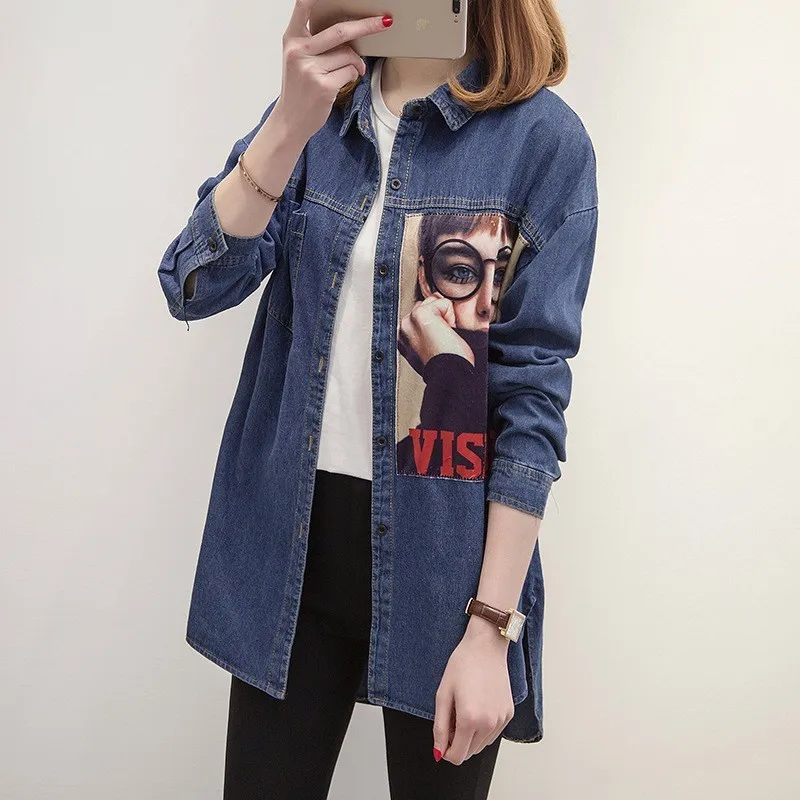 Весна 2020 новинка Женская длинная джинсовая рубашка готический стиль с принтом