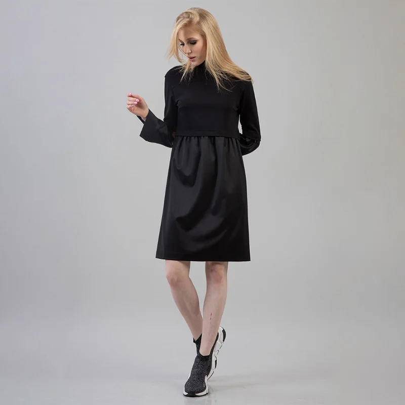 

Women Cotton Black Patchwork Party Dress Ladies Long Sleeve Stand Collar Casual Office Lady Fashion Knee Dress 2019 Vintage