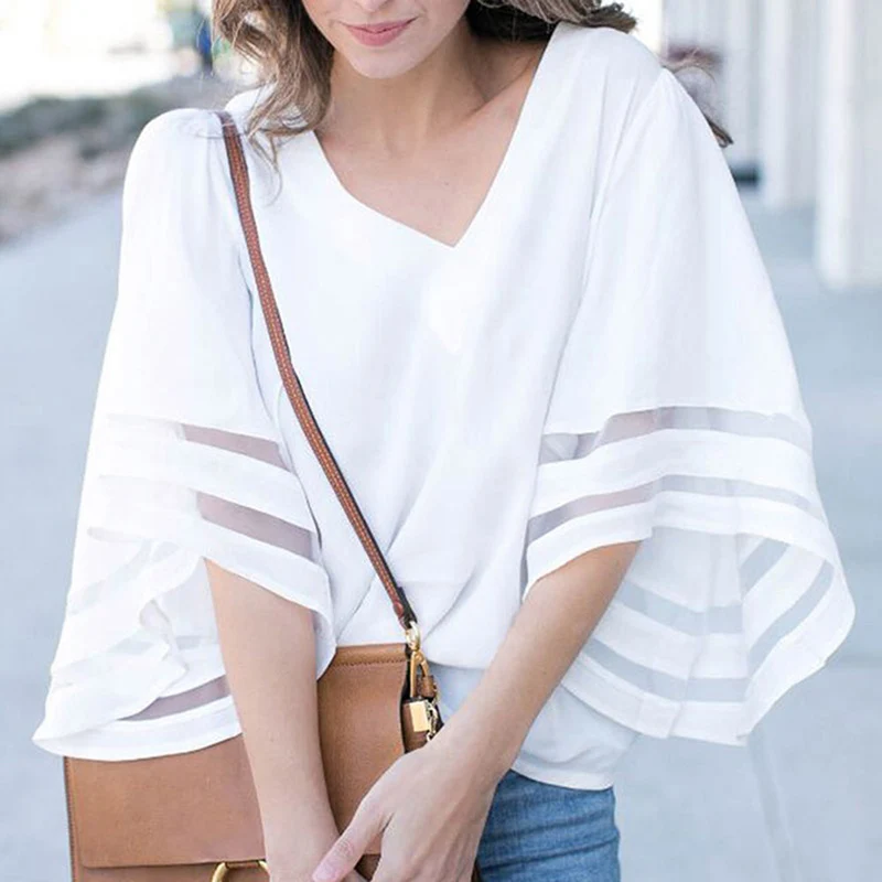 

Spring Summer Blouse Women Lace Mesh Patchwork Blouse Chiffon Long Sleeve Shirts Hollow Out Casual Tops White Pullovers