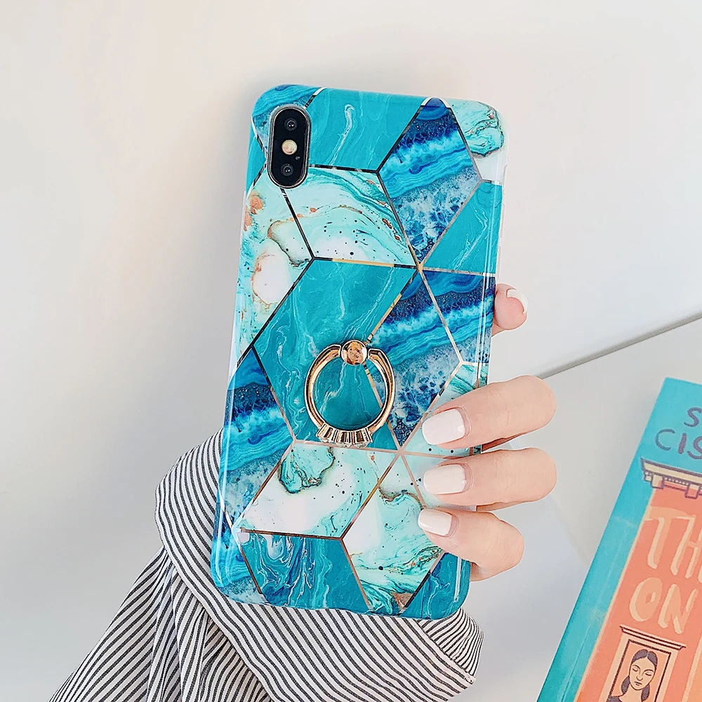 r Чехол для телефона LOVECOM для iPhone 11 Pro XR XS Max 6 6S 7 8 Plus X Мягкая Гальваническая мраморная задняя крышка с кольцом на палец - Цвет: r