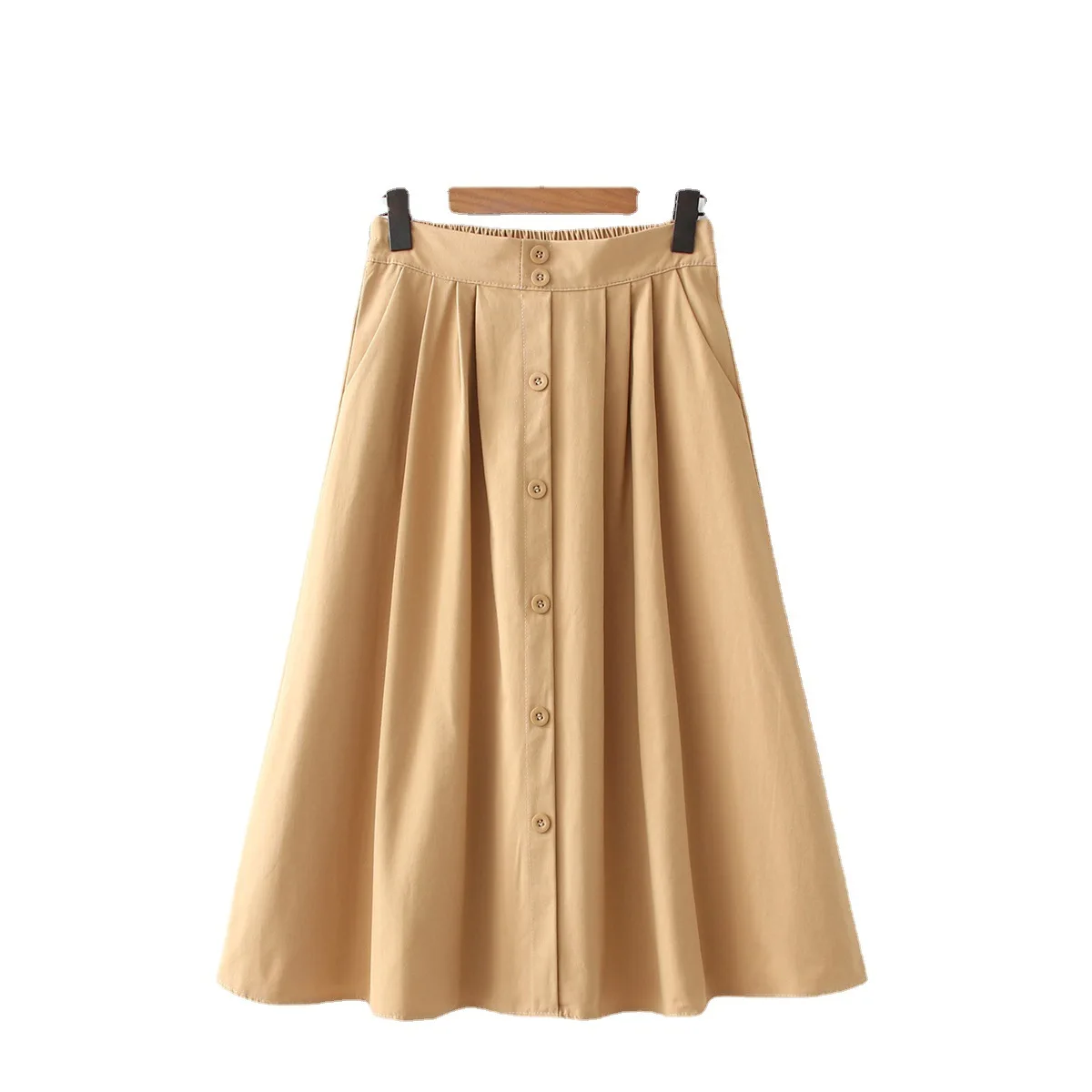 

2021 New Spring and Summer Retro Casual Student High Waist Slim Mid-length Single-breasted Large Swing Skirt Skirt