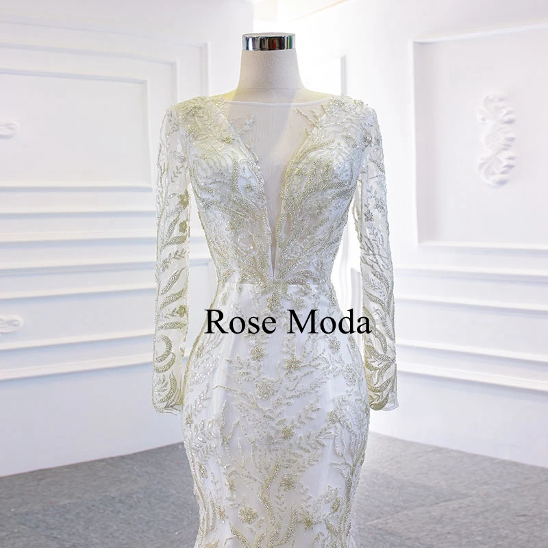 Rose Moda Luxury Long Sleeves Beaded Lace Mermaid Wedding Dress with Removable Skirt Custom Make