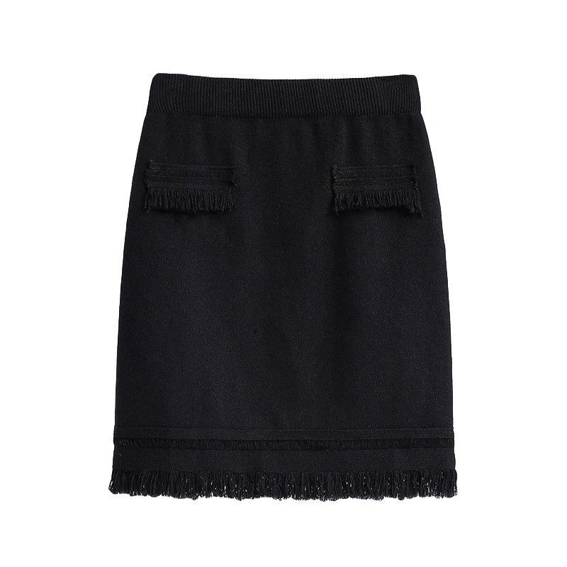 

Plus Size Tassel Skirt Women Fashion Black Knit Skirt High Waist Elastic A-line Skirt Elegant Mid Skirt Spring and Autumn