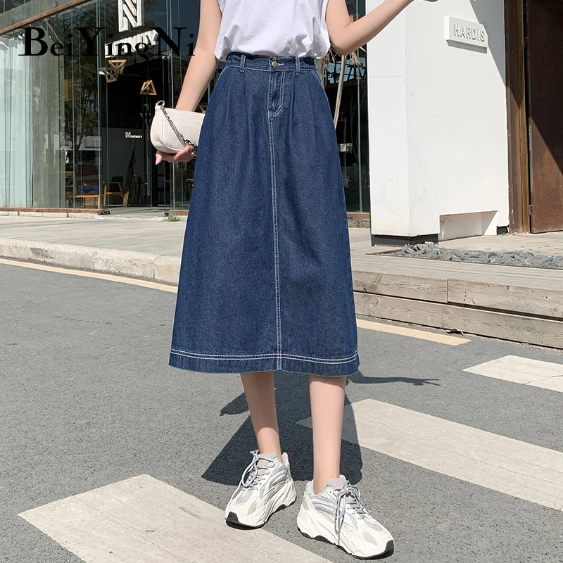 

Beiyingni Elastic High Waist Skirts Womens Plus Size Buttons Pockets Casual Vintage Korean Jeans Skirt A Line Fashion Oversized