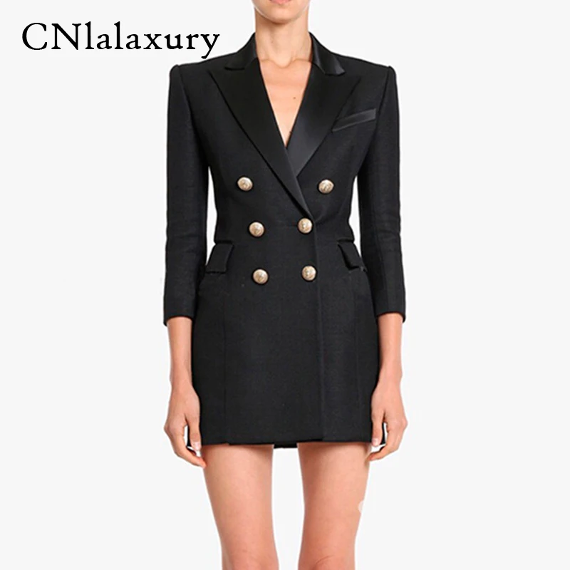 

CNlalaxury Mini Dress Women Three Quarter Sleeve Lion Buttons bodycon dresses Notched Collar Blazer Dress robe ete femme 2020