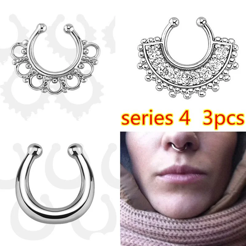 NO4as picture 3 шт. модные хрустальные поддельные носовые кольца круглой формы поддельные перегородки Пирсинг кольцо для женщин искусственный зажим кликер не Титановые Украшения для тела - Окраска металла: NO4as picture