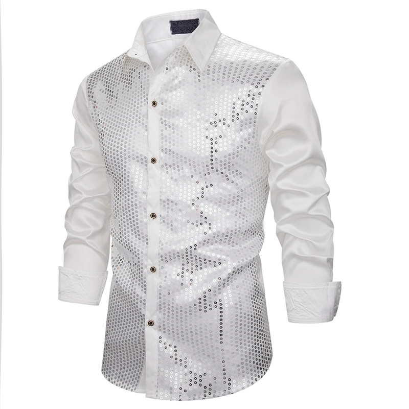 CYSINCOS New Men'Luxury Sequin Dress Shirts Long Sleeve Silk Satin Shiny Men Chemise Stage Dance | Мужская одежда