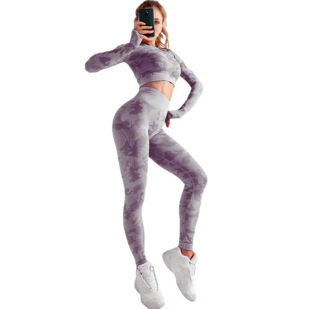 

Женский осенне-зимний бесшовный Камуфляжный костюм-тройка для фитнеса, высокая эластичность, тонкий