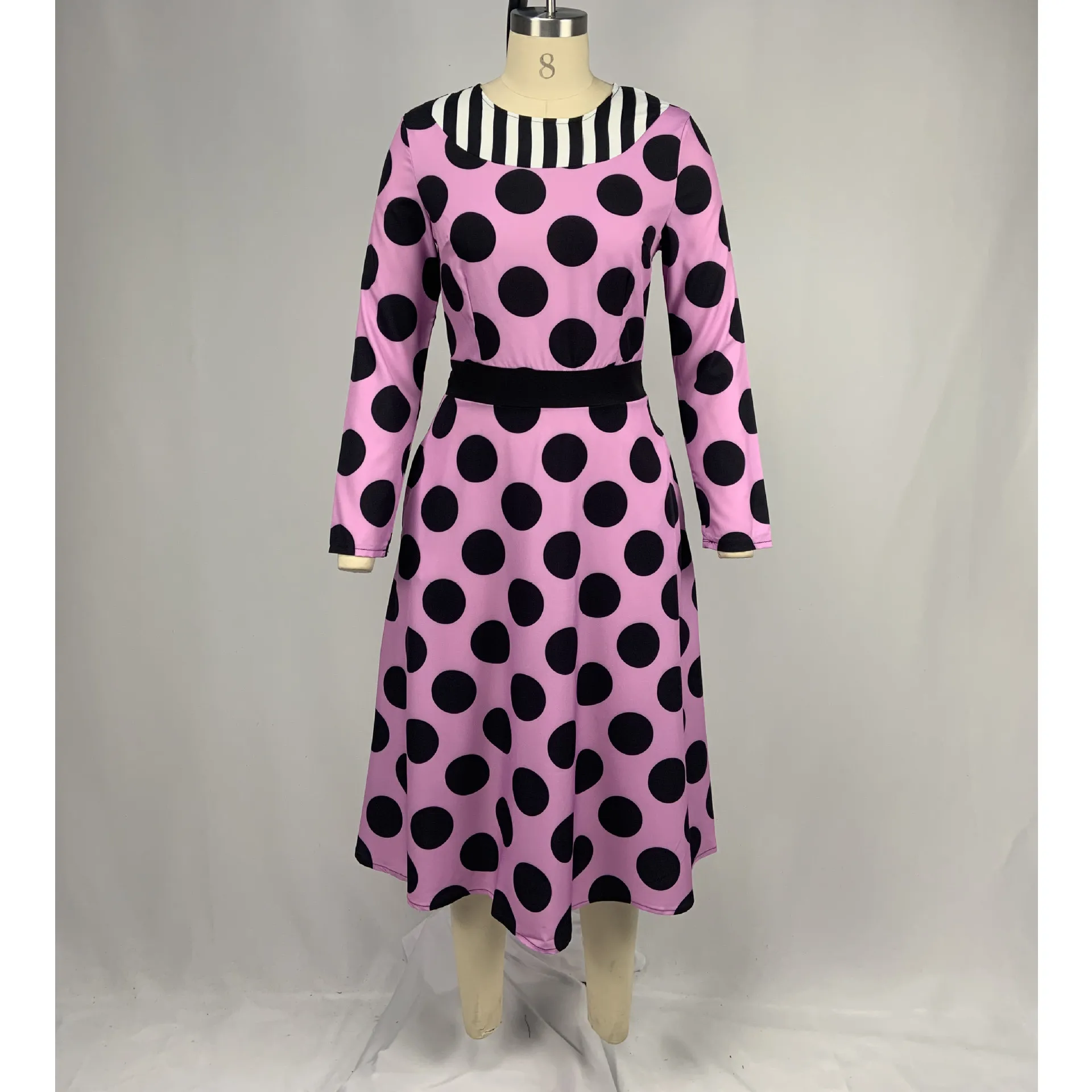 

WEPBEL Dress Women's Casual Striped Dotted Prints Slim Dress Spring Autumn Vintage Long Sleeve O-Neck High Waist Dress