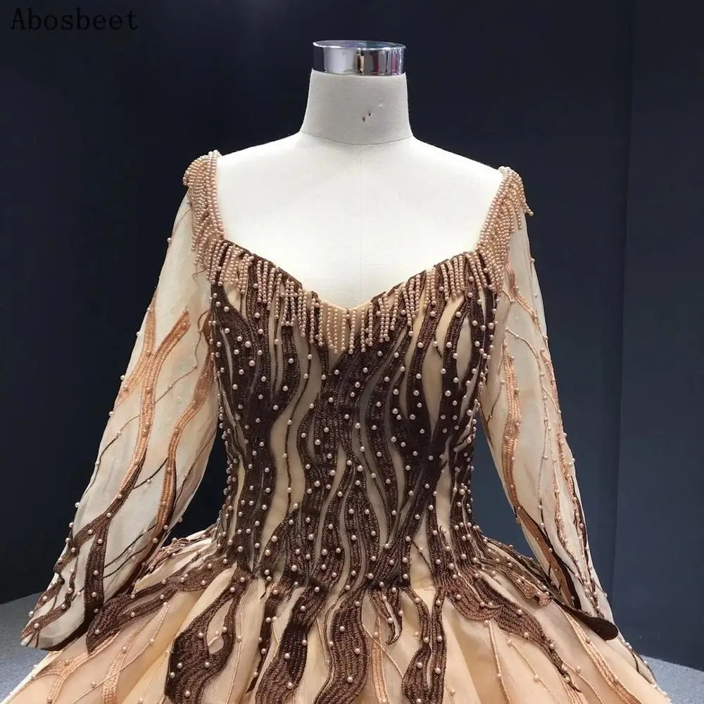 DD JYOY Luxury Ball Gown Evening Dress Long Sleeve Pearls Beading Elegant Prom Party Women Gown Lace Up Brown