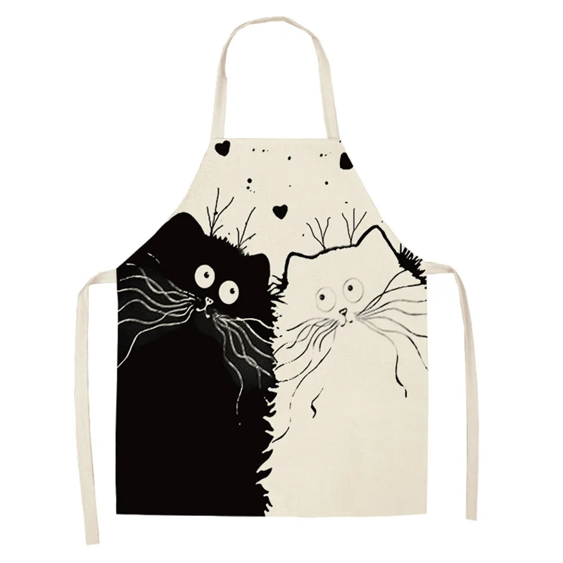

Black Cute Cartoon Cat Printed Sleeveless Cotton Linen Aprons for Man Woman 53*65cm Home Kitchen Apron Cleaning Tools Bibs 46308