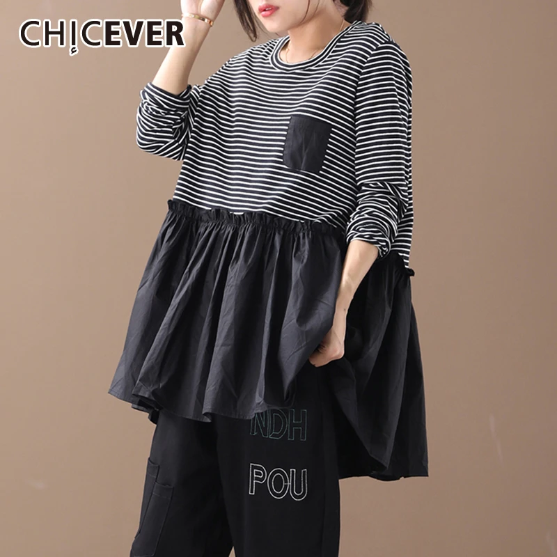 CHICEVER/Полосатый лоскутный женский свитер с круглым вырезом и длинными рукавами