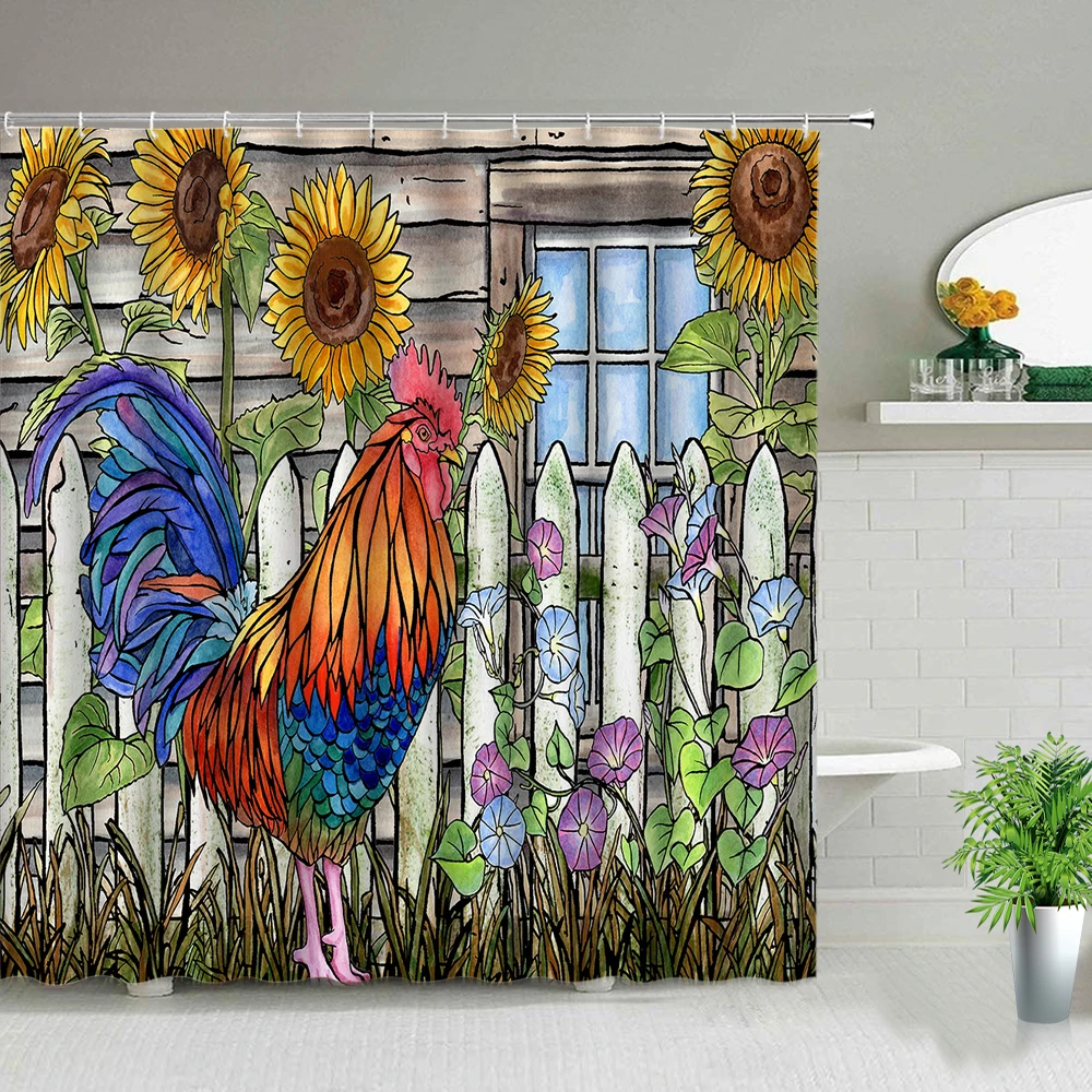 

Cartoon Sunflower Cock Print Shower Curtain Rural Farm Landscape Bathroom Decor Screens Waterproof Cloth Bath Curtain With Hooks