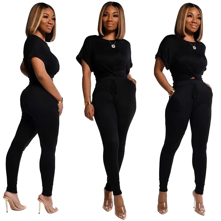 

2020 Women Sets Summer Tracksuits Short Sleeve Cross Top Pants Suit Two Piece Set Sportswear Night Club Party Outfits