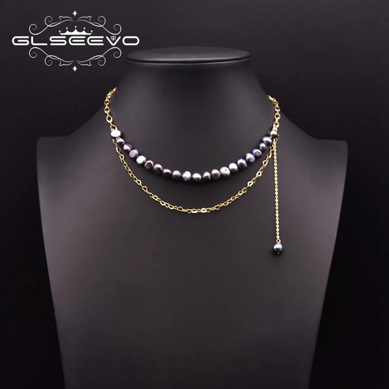 GLSEEVO Pure Natural Freshwater Baroque Pearl Necklace Handmade Black Pearl Female Necklace Wedding Party Jewelry Gift GN0292A natural long baroque pearl earrings for women 9 10mm black gray handmade make bohemian style pearl jewelry party gift