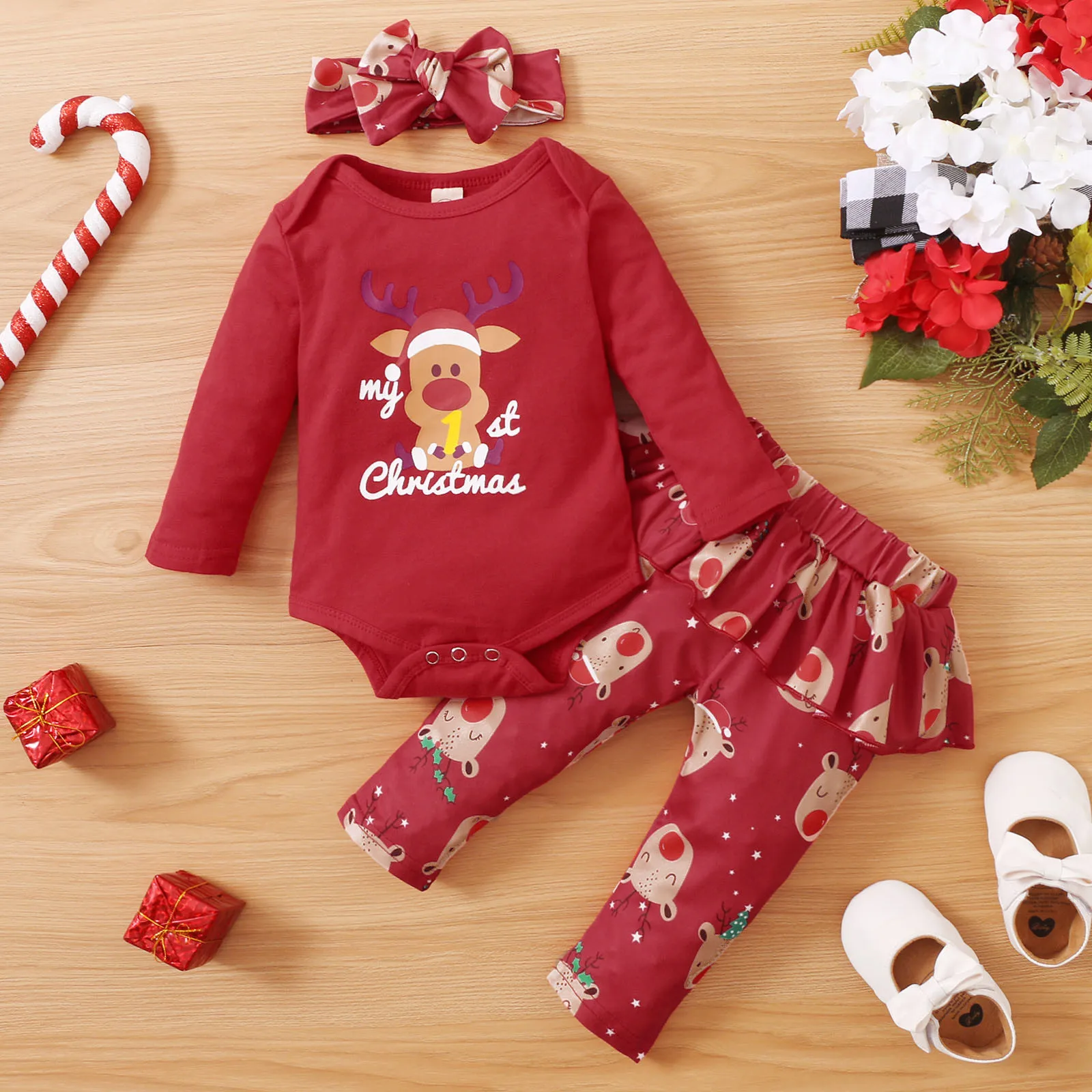 

Baby Christmas Deer Printed Clothes Girls Long Sleeve Romper Jumpsuit+ Pants+ Bow Headband Outfits Infant Toddler Clothing Sets